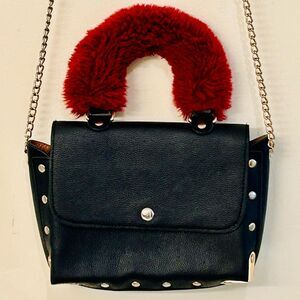 Black Studded Faux Leather Mini Crossbody with Faux Fur Handle and Chain Strap